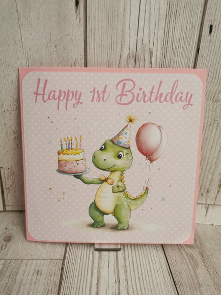 Personalised 1st Birthday Card Pink Dinosaur Theme