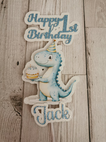 Personalised 1st Birthday Blue Dinosaur Cake Topper