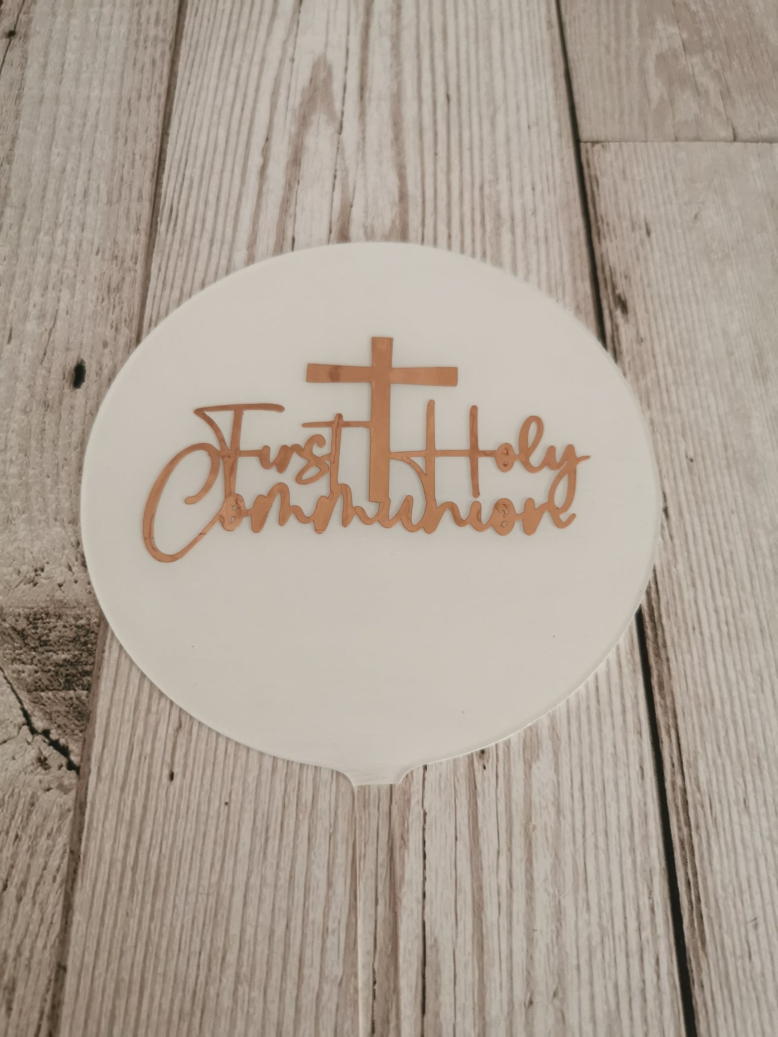 First Holy Communion Cross Acrylic 4" Round Cake Topper Copper