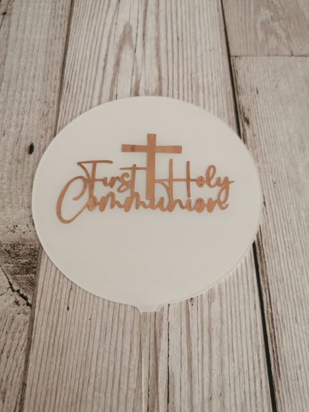First Holy Communion Cross Acrylic 4" Round Cake Topper Copper