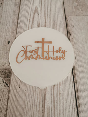 First Holy Communion Cross Acrylic 4" Round Cake Topper Copper