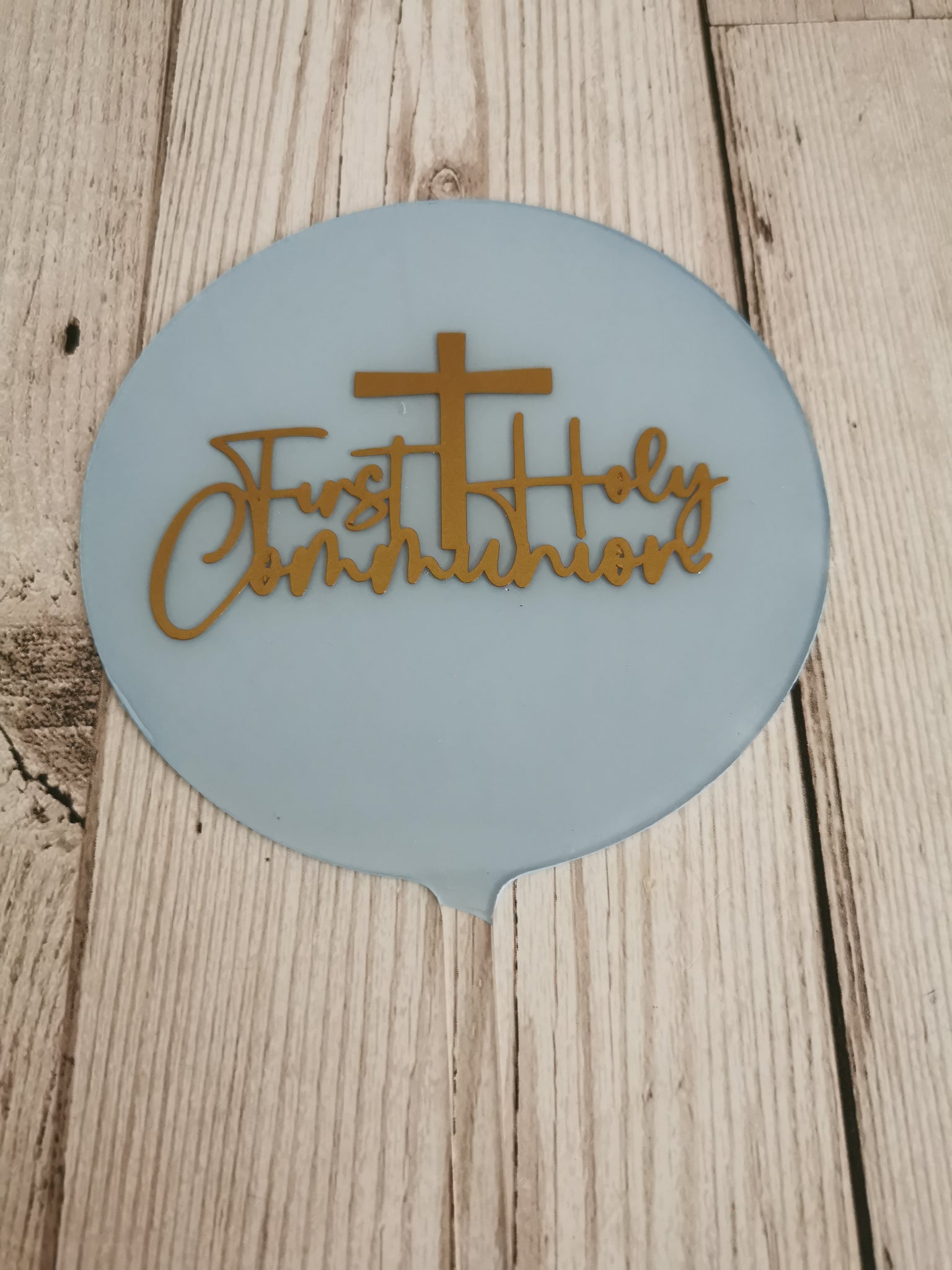 First Holy Communion Cross Acrylic 4" Round Cake Topper Gold