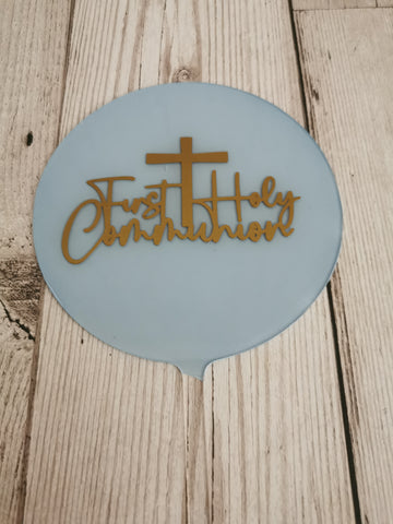 First Holy Communion Cross Acrylic 4" Round Cake Topper Gold