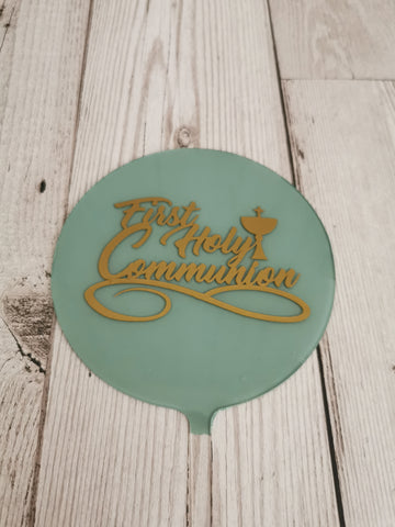 First Holy Communion Chalice Acrylic 4" Round Cake Topper Gold