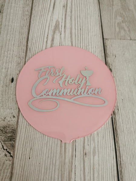 First Holy Communion Chalice Acrylic 4" Round Cake Topper Silver