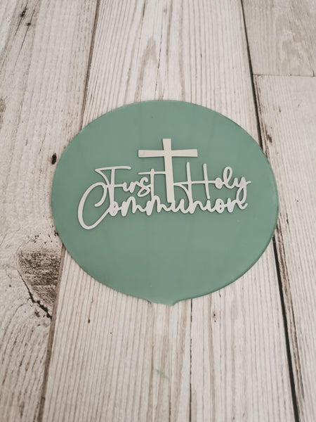 First Holy Communion Cross Acrylic 4" Round Cake Topper Silver