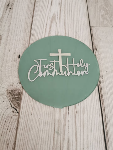 First Holy Communion Cross Acrylic 4" Round Cake Topper Silver