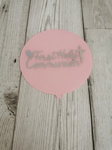 First Holy Communion Cross & Dove Acrylic 4" Round Cake Topper Silver