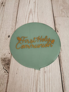 First Holy Communion Cross & Dove Acrylic 4" Round Cake Topper Gold