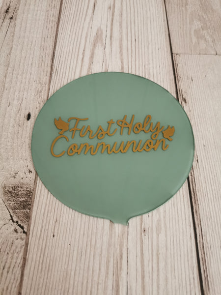 First Holy Communion Cross & Dove Acrylic 4" Round Cake Topper Gold