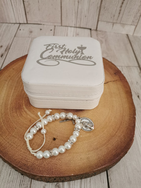 First Holy Communion White Jewellery Box & White Faux Pearl Adjustable Bracelet