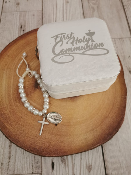 First Holy Communion White Jewellery Box & White Faux Pearl Adjustable Bracelet