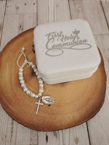 First Holy Communion White Jewellery Box & White Faux Pearl Adjustable Bracelet