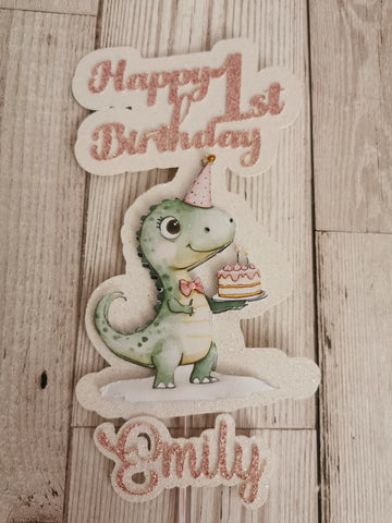 Personalised 1st Birthday Pink Dinosaur Cake Topper