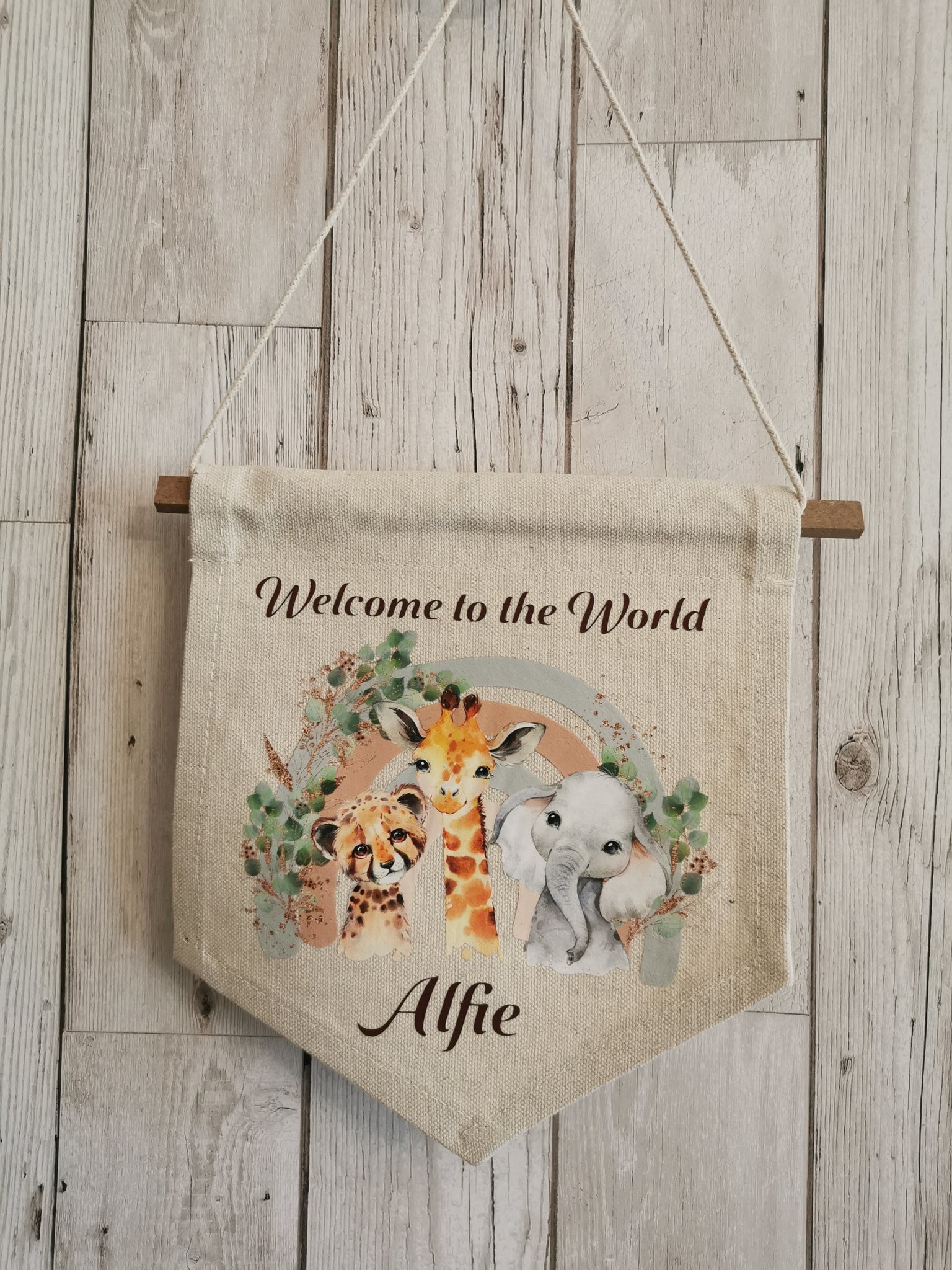 Personalised Welcome to the World Animal Safari Nursery Flag Pendant