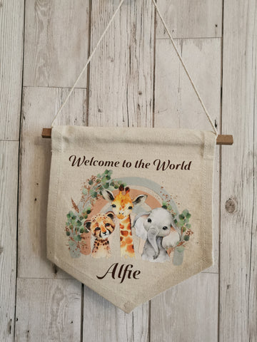 Personalised Welcome to the World Animal Safari Nursery Flag Pendant