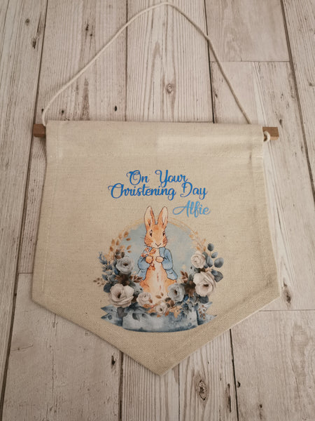 Personalised Peter Rabbit On Your Christening  Day Nursery Flag Pendant