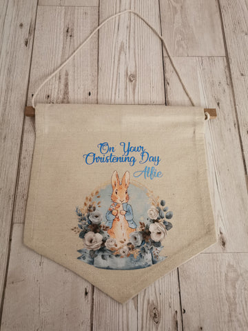 Personalised Peter Rabbit On Your Christening  Day Nursery Flag Pendant