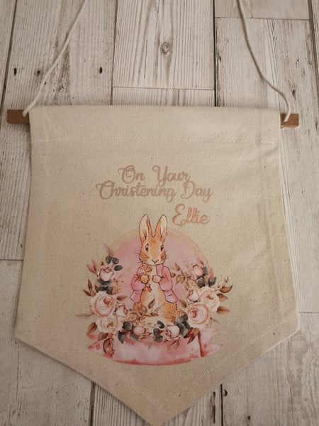 Personalised Flopsy Rabbit On Your Christening  Day Nursery Flag Pendant