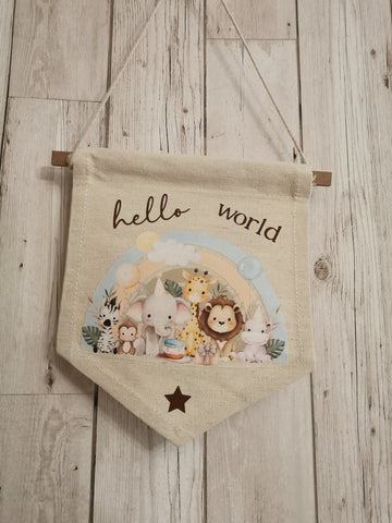 Hello World Animal Rainbow Nursery Flag Pendant