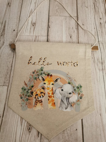 Hello World Animal Safari Nursery Flag Pendant