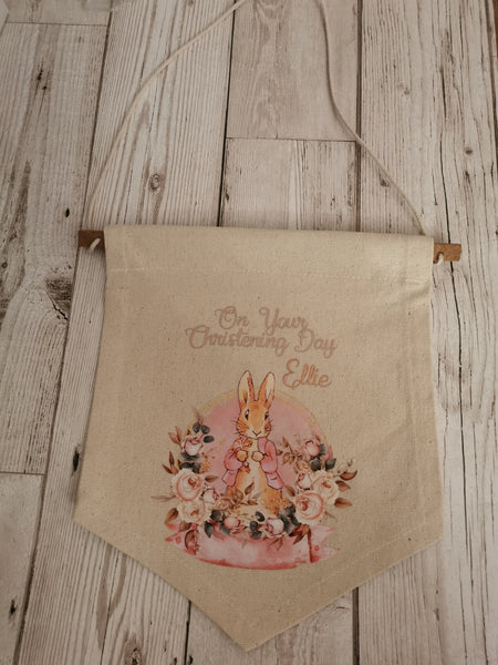Personalised Flopsy Rabbit On Your Christening  Day Nursery Flag Pendant