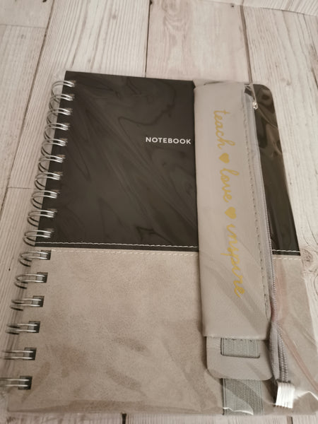 Black & Grey Notebook & Faux Leather Notebook Pencil Case Gift