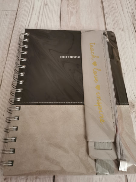 Black & Grey Notebook & Faux Leather Notebook Pencil Case Gift