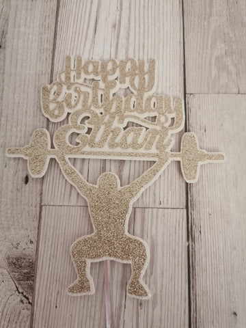 Personalised Happy Birthday Weight Lifter Glitter Cake Topper 12 Colours