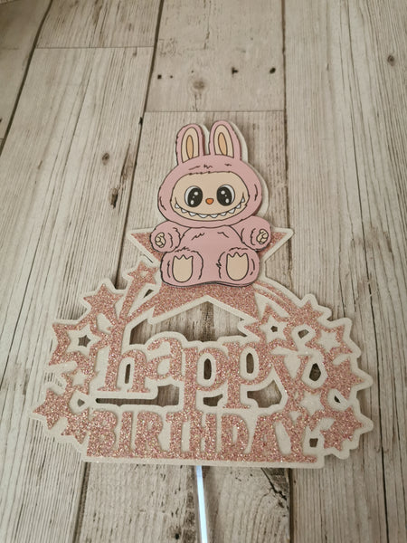 Labubu Pink Happy Birthday Star Cake Topper