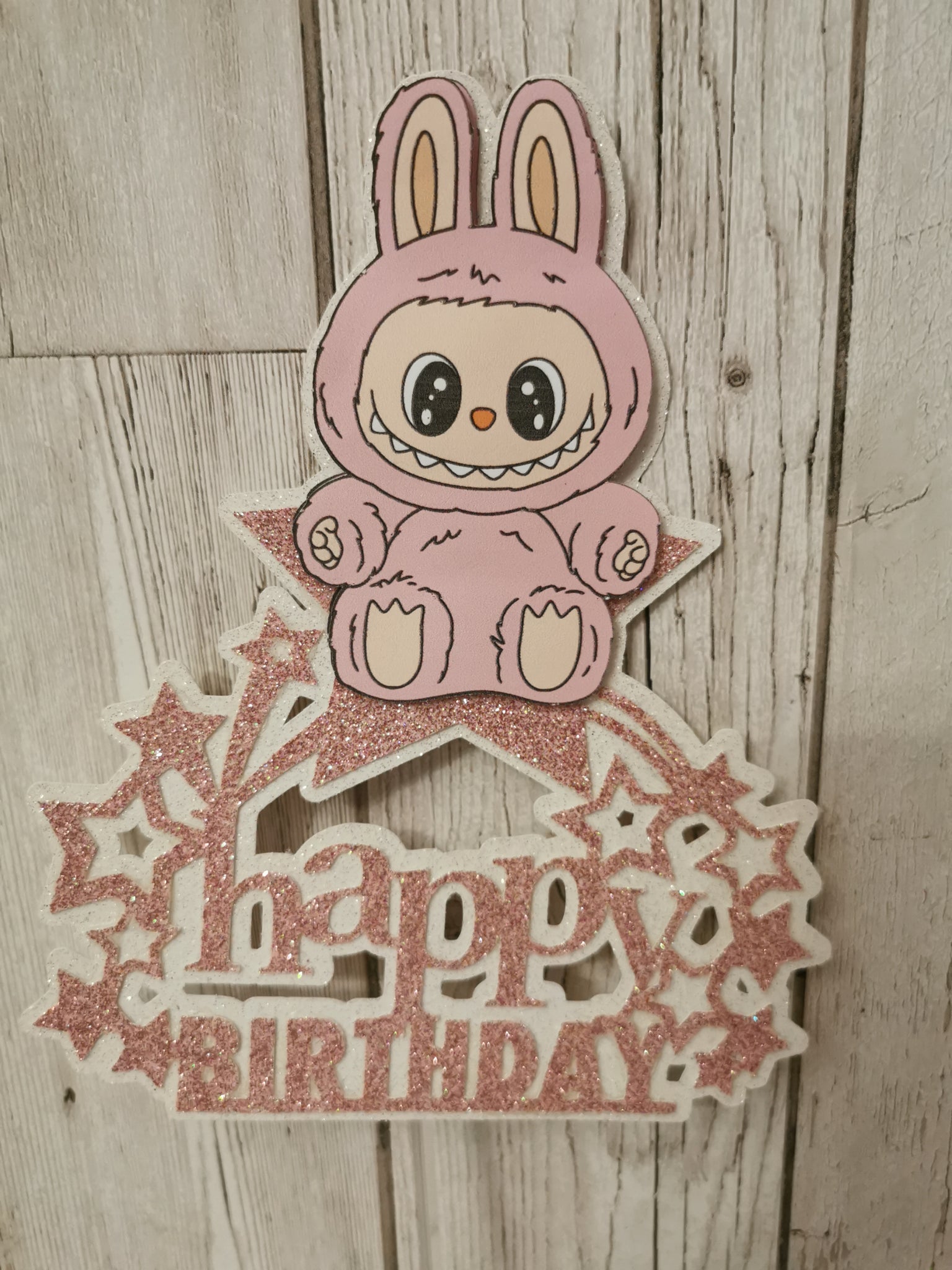 Labubu Pink Happy Birthday Star Cake Topper