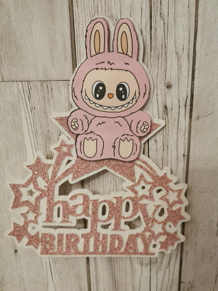 Labubu Pink Happy Birthday Star Cake Topper