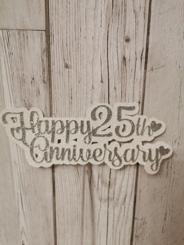 Happy 25th Wedding Anniversary Silver Glitter Cake Topper