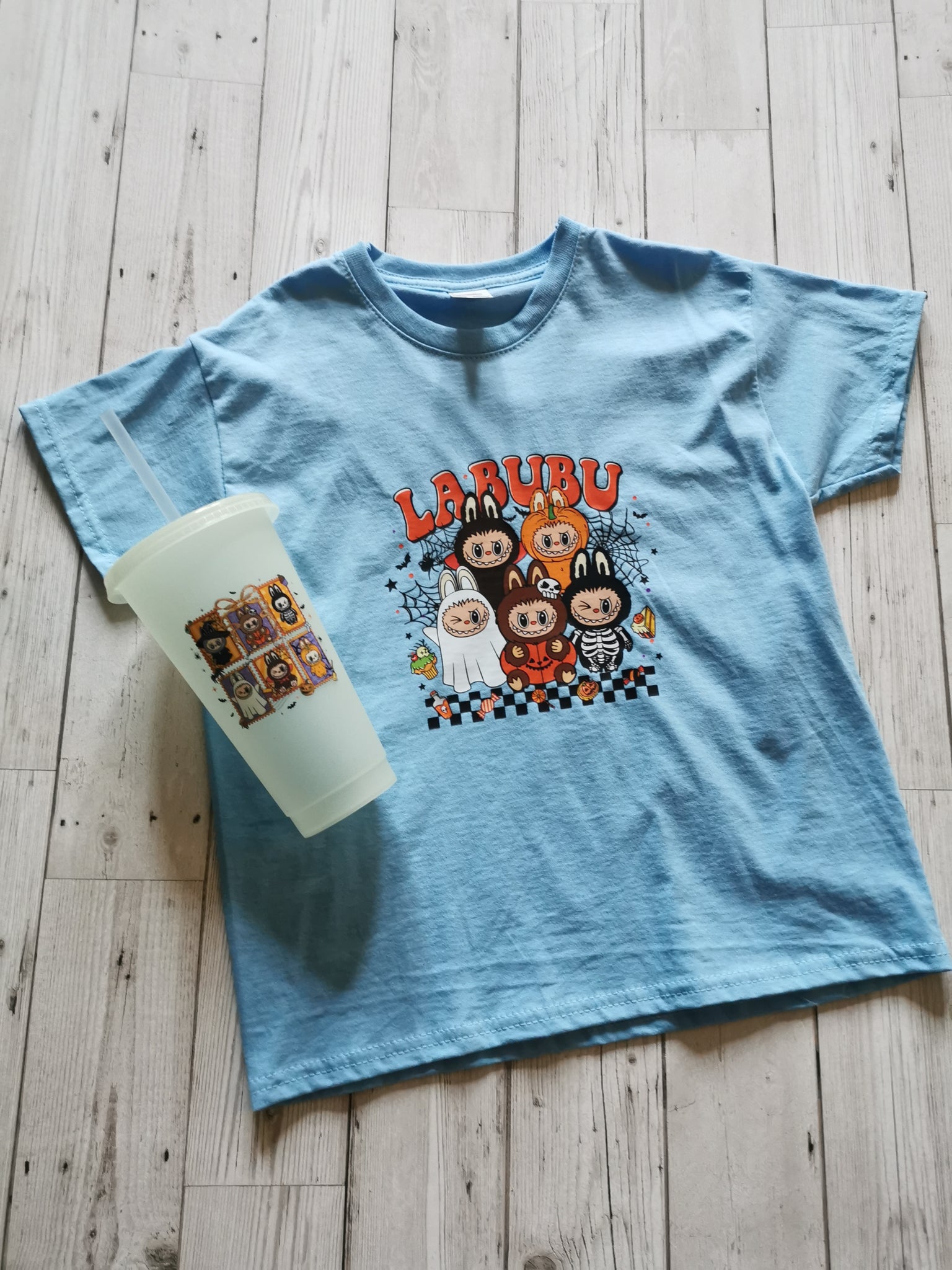 Labubu Checkerboard & Stamp Design Halloween T-Shirt  & Cold Cup Bundle Age 5-6
