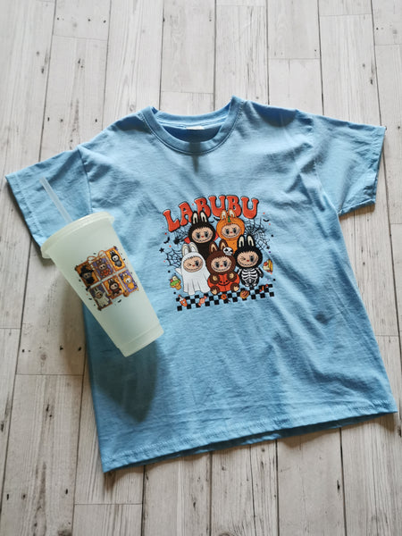 Labubu Checkerboard & Stamp Design Halloween T-Shirt  & Cold Cup Bundle Age 5-6