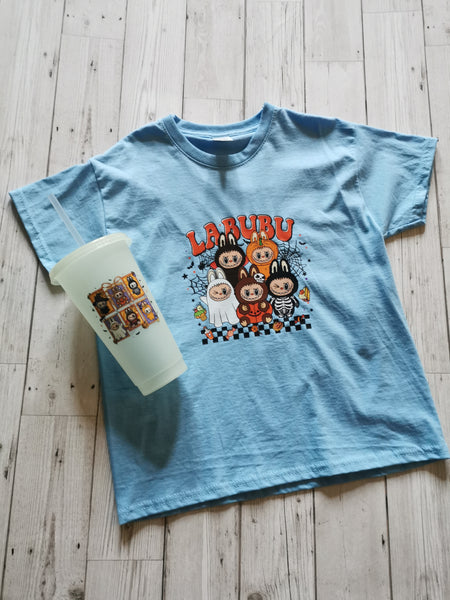 Labubu Checkerboard & Stamp Design Halloween T-Shirt  & Cold Cup Bundle Age 5-6