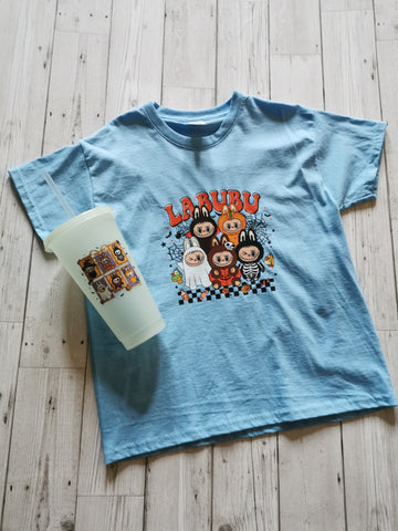 Labubu Checkerboard & Stamp Design Halloween T-Shirt  & Cold Cup Bundle Age 5-6
