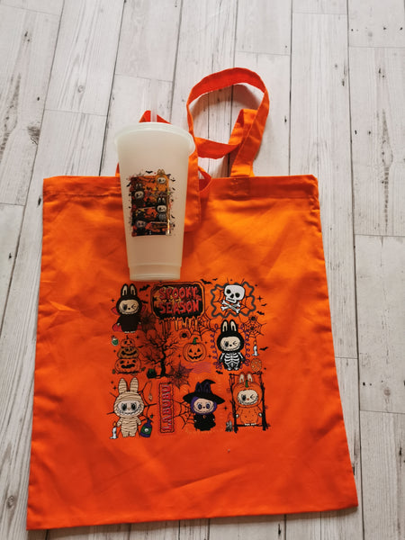 Labubu Spooky Season Design Halloween Tote Bag & Cold Cup Bundle