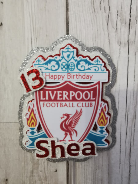Personalised Happy Birthday Liverpool Crest Glitter Cake topper