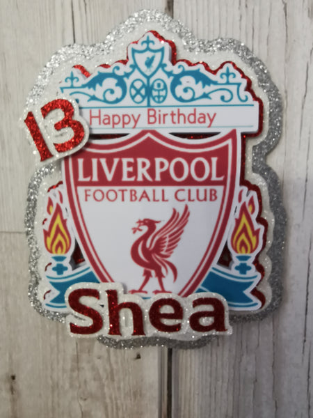 Personalised Happy Birthday Liverpool Crest Glitter Cake topper