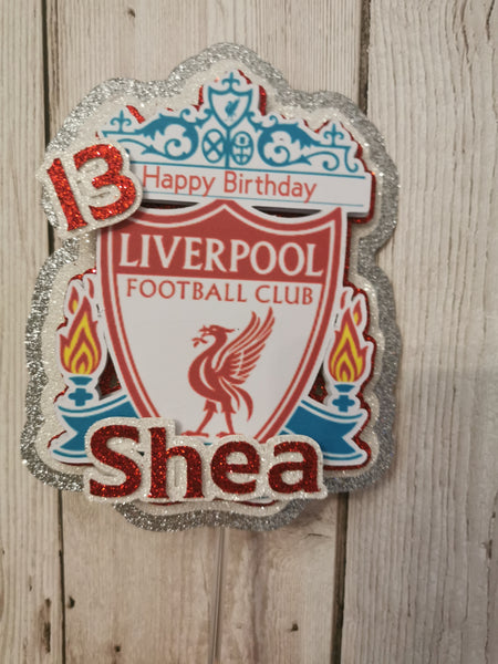 Personalised Happy Birthday Liverpool Crest Glitter Cake topper