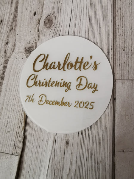 Personalised Christening Day Acrylic 4" Round Cake Topper Gold