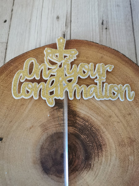 ' On your Confirmation' Dove & Cross Glitter (A) Cake Topper 12 Colours