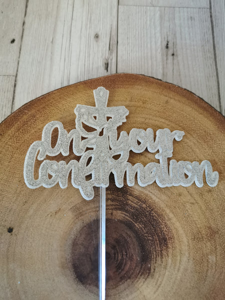 ' On your Confirmation' Dove & Cross Glitter (A) Cake Topper 12 Colours