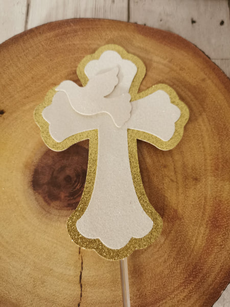 Confirmation Large Cross & Dove Style (H) Glitter Cake Topper