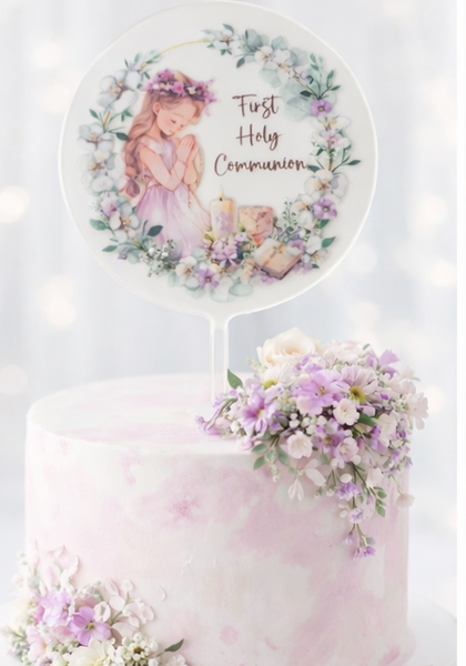 First Holy Communion Girl Acrylic 4" Round Cake Topper
