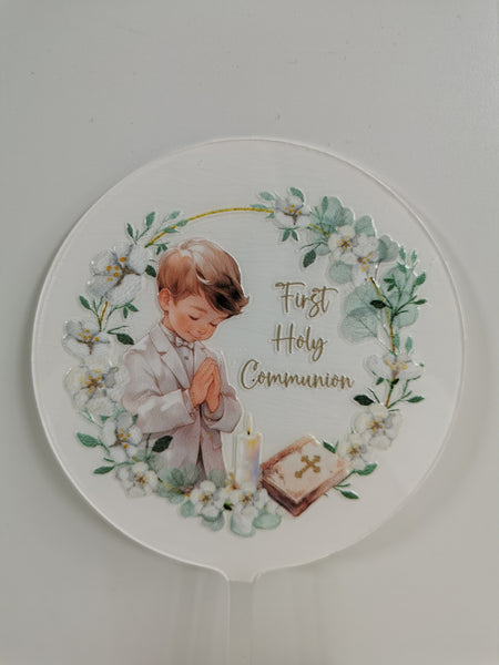 First Holy Communion Boy Acrylic 4" Round Cake Topper