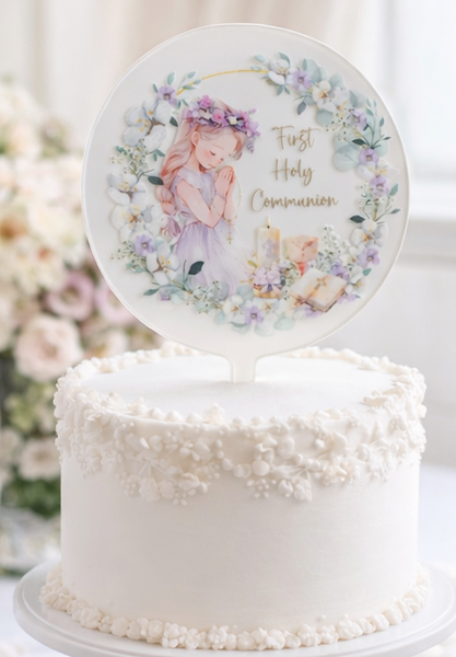 First Holy Communion Girl Acrylic 4" Round Cake Topper