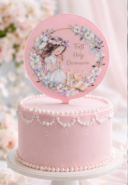 First Holy Communion Girl Acrylic 4" Round Cake Topper