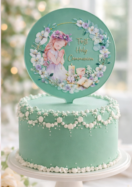 First Holy Communion Girl Acrylic 4" Round Cake Topper
